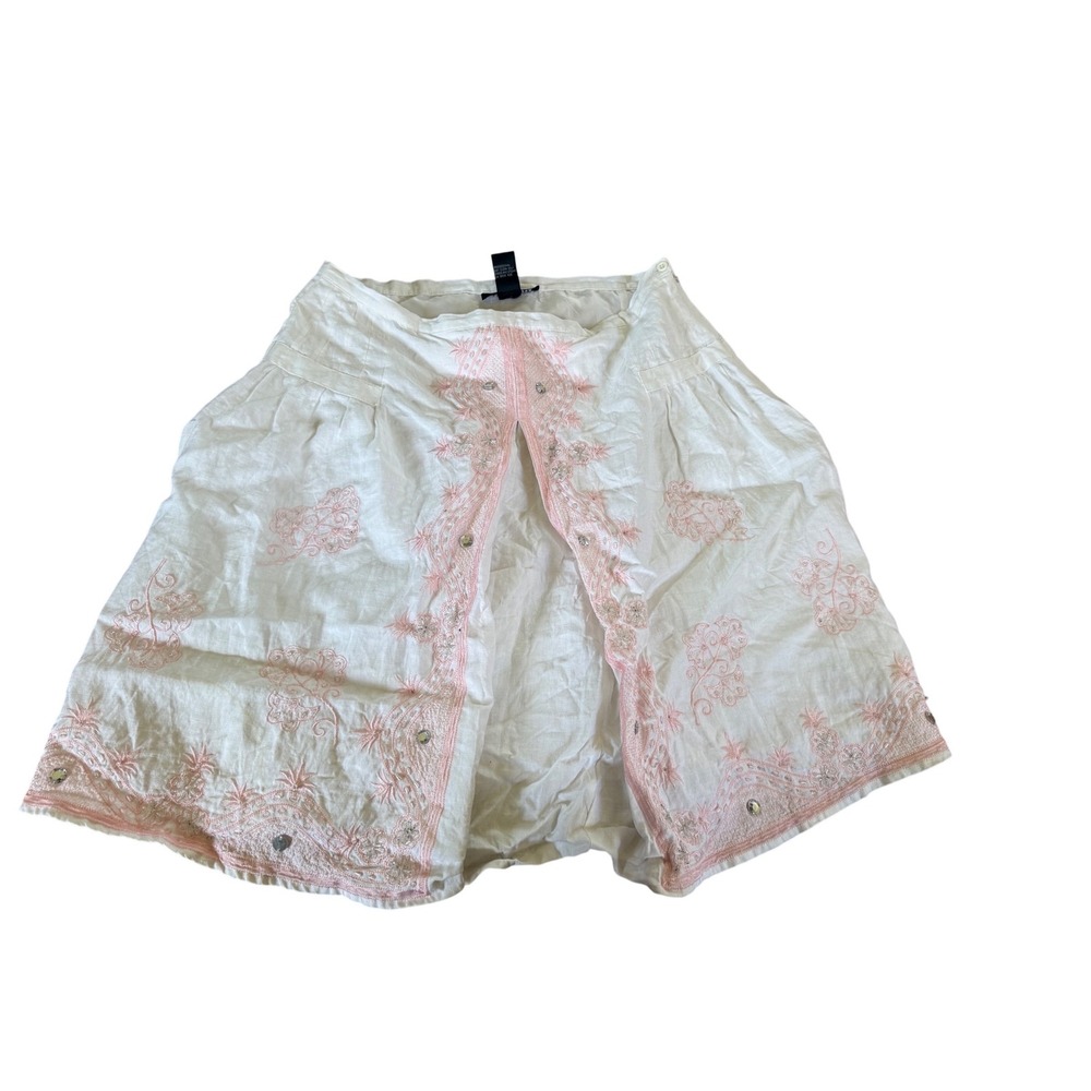 Anne Carson white and pink embroidered linen mini skirt floral sequin beaded